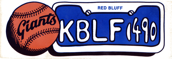 Picture of a baseball with the word Giants written on it in front of a license plate and frame. The license plate frame reads 'Red Bluff' and the license plate reads 'KBLF 1490'
